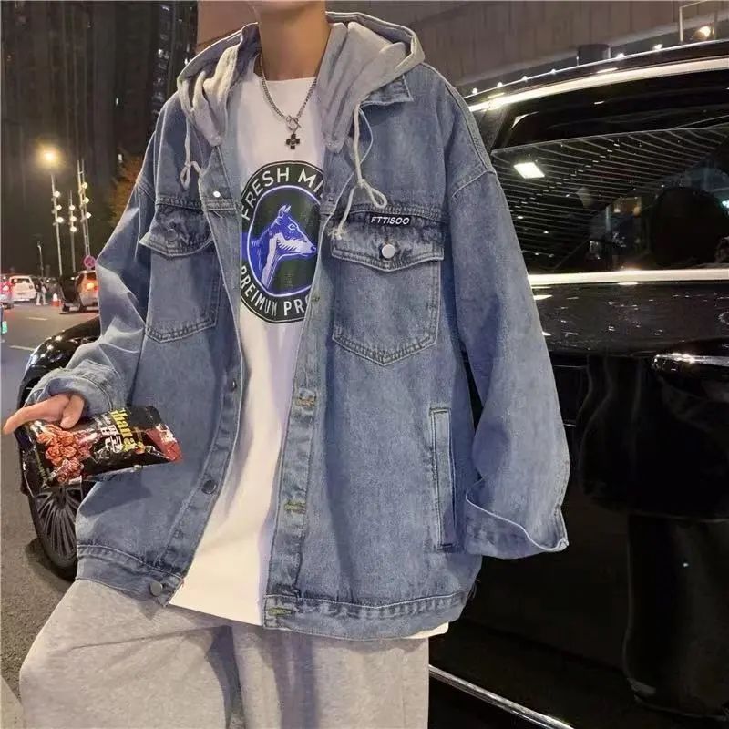 春秋假兩件牛仔外套男連帽韓版潮流港風復古寬鬆帥氣休閒牛仔褂子