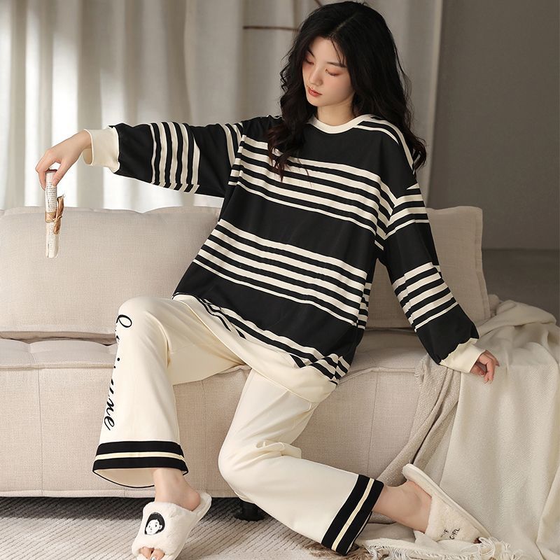 新款睡衣女春秋季長袖長褲純棉套裝學生條紋休閒秋冬家居服可外穿