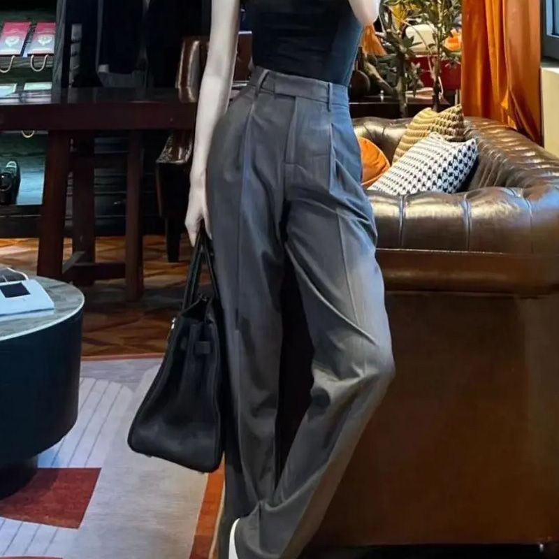 Gray high-waist suit pants women's  new spring and summer straight-leg pants slimming all-match trousers design trousers casual pants