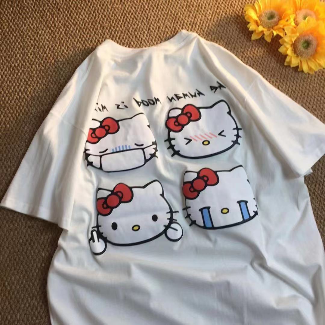 100%純棉夏季日系學院風Kitty貓印花短袖t恤女寬鬆百搭ins潮上衣