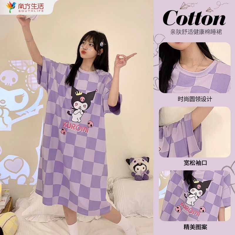 Nightdress female summer short-sleeved cute sweet loose large size over the knee mid-length pajamas student home service can be worn outside