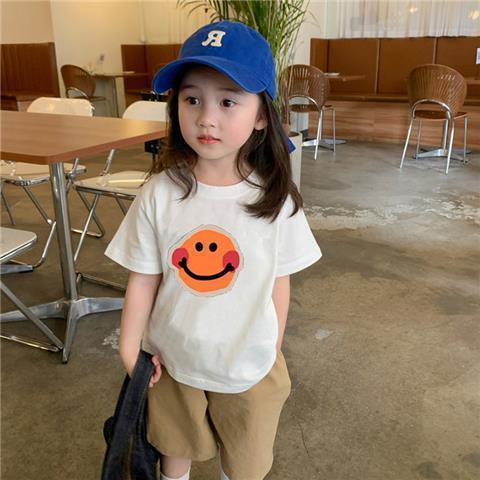 Girls cotton short-sleeved t-shirt middle and big children  new foreign style cartoon smiley tops all-match children's t-shirt summer