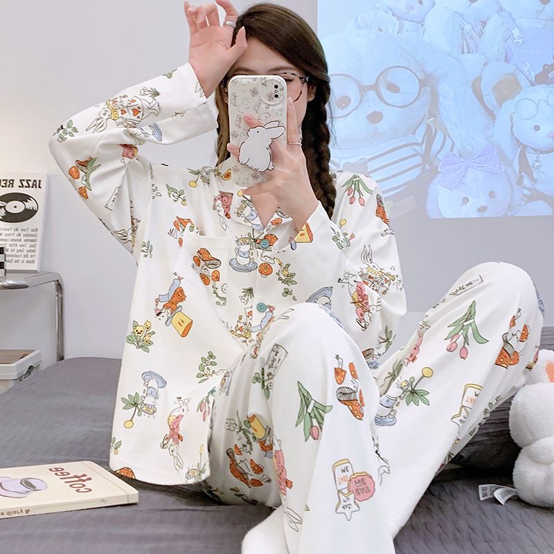 Spring and autumn pajamas women's pure cotton long-sleeved thin section cartoon sweet girl cotton student can wear home service suit