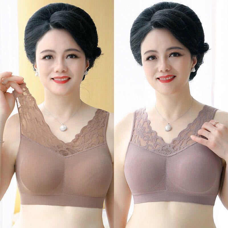 Mother's vest-style bra for women with padded lace back bra without rims for middle-aged and elderly women's cotton bra