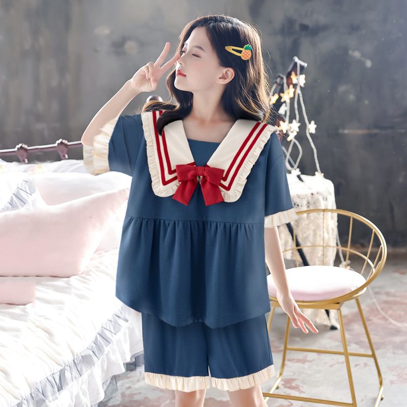 女童2023年新款睡衣女夏季天純棉薄款短袖短褲家居服可外穿套裝