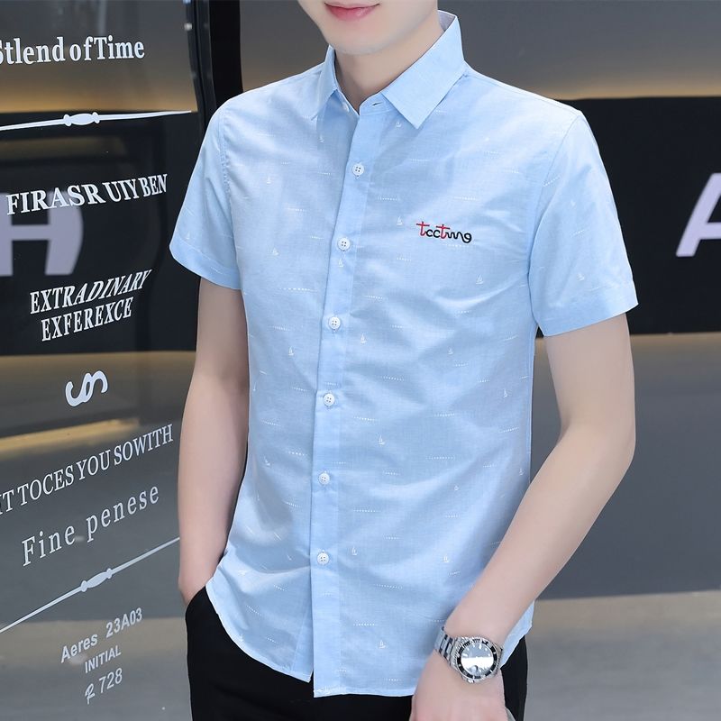 Summer short-sleeved shirts men's Korean style trendy slim-fit shirts business casual printed tops all-match embroidery inch shirts