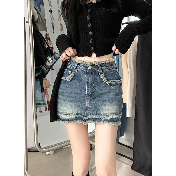 Retro old fringed denim skirt women's 2023 spring new slim fit hot girl short skirt