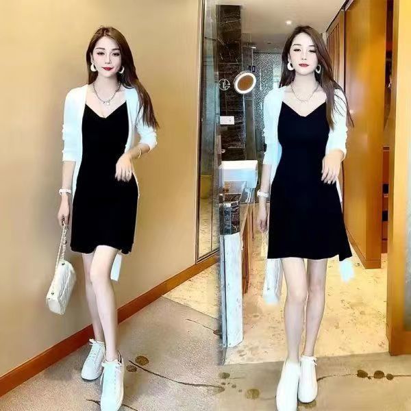 新款吊帶小黑裙套裝女夏2023網紅時尚吊帶連衣裙+防曬開衫兩件套