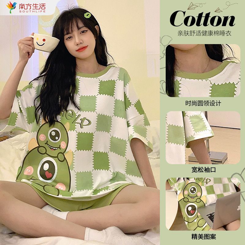 Pajamas women's summer cotton short-sleeved shorts cartoon sweet ins style high-value home service suit can go out thin