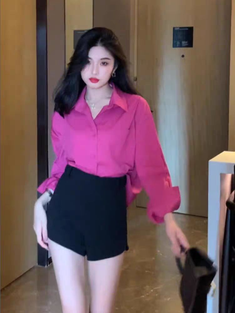 襯衫上衣女2023春季新款設計感小眾火龍果色寬鬆男友風時尚襯衣