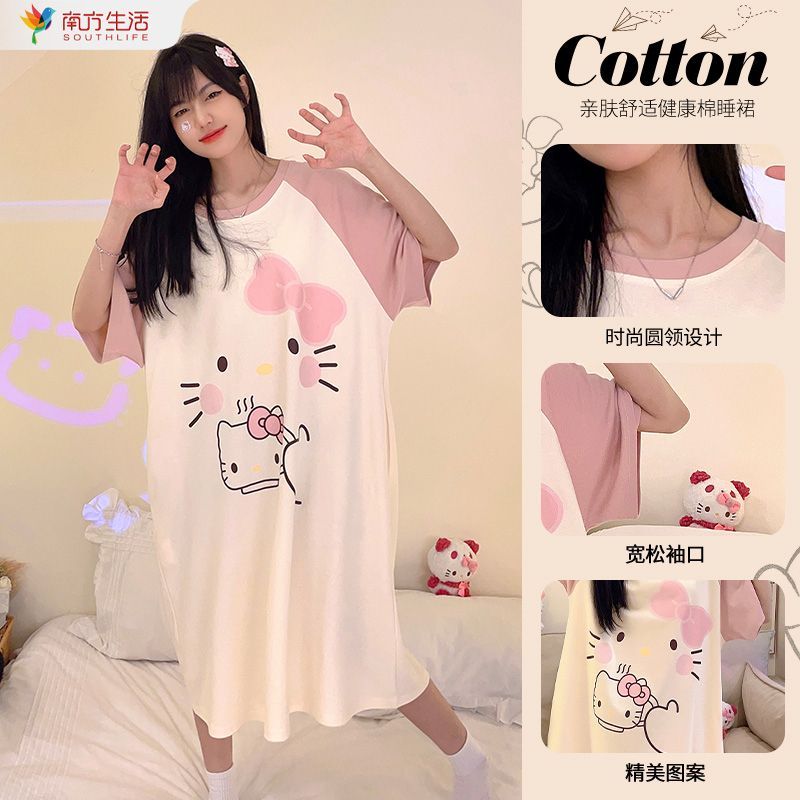 Nightdress female summer short-sleeved cute sweet loose large size over the knee mid-length pajamas student home service can be worn outside