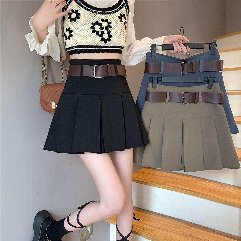 High waisted A-line pleated skirt 2023 Spring New anti glare skirt Black half length skirt Women's small short skirt