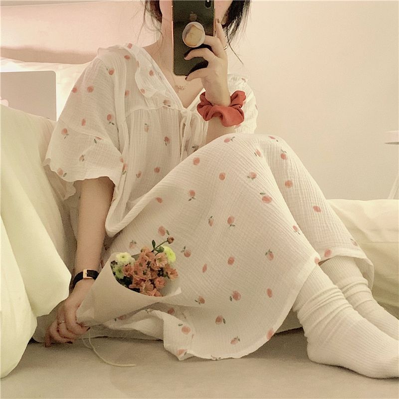 Hepburn style pajamas skirt baby cotton feeling comfortable summer nightdress female summer short-sleeved loose thin section home service female