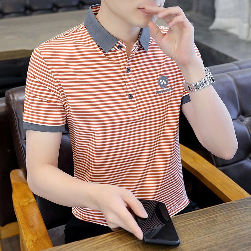 夏季新款男士短袖t恤潮流翻領條紋polo衫男大碼中青年半袖上衣服