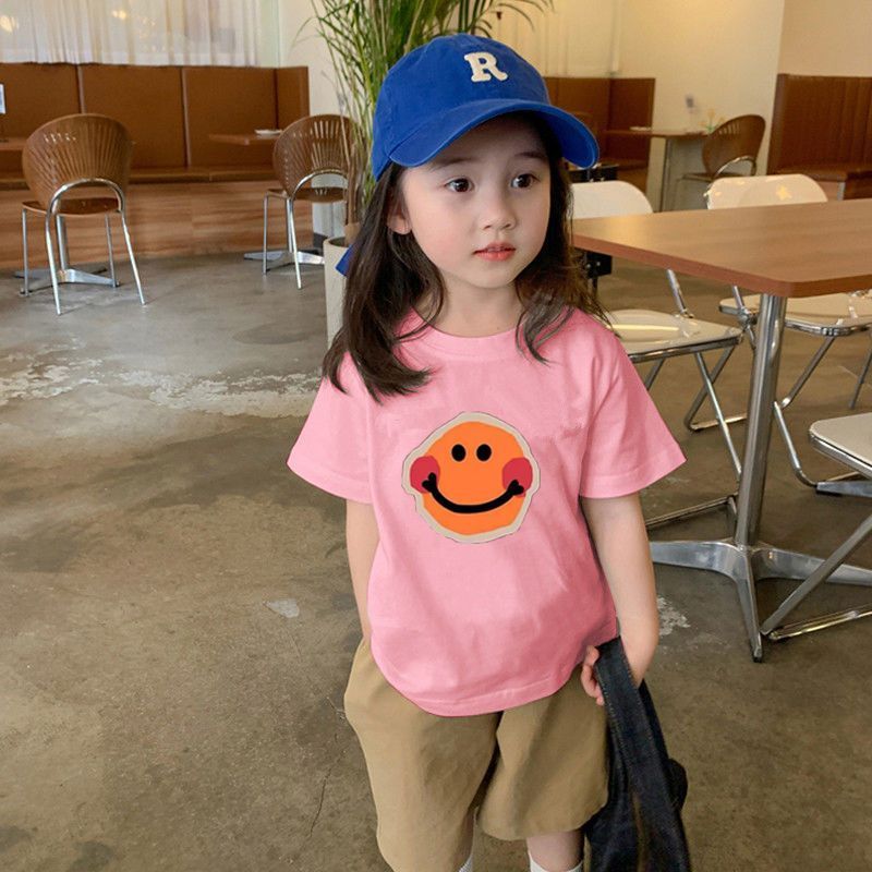 Girls cotton short-sleeved t-shirt middle and big children  new foreign style cartoon smiley tops all-match children's t-shirt summer