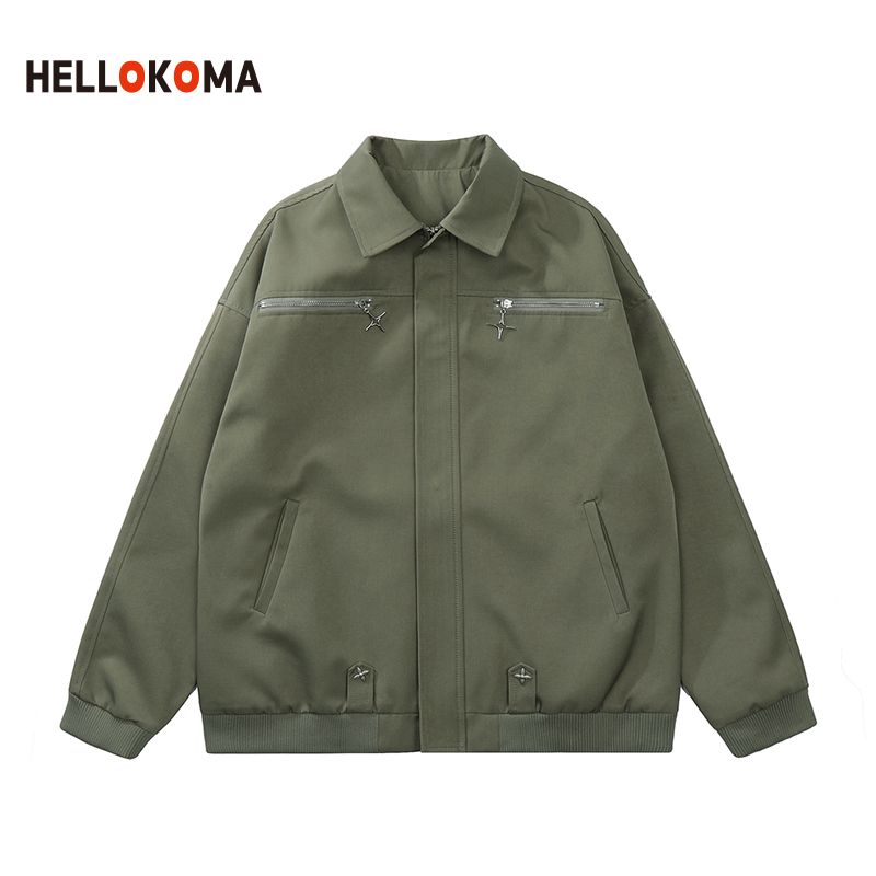 HK spring jacket female metal buckle zipper design jacket retro lapel high street pilot couple male ins