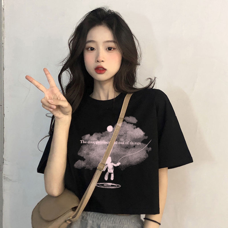 黑色短款上衣女夏季今年流行高腰顯瘦ins美式復古正肩短袖t恤純棉