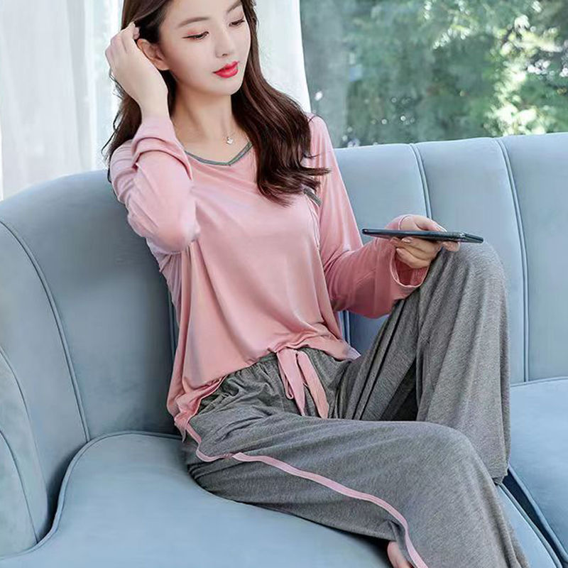 Self-contained chest pad pajamas women's spring and autumn long-sleeved anti-convex autumn and winter with chest pad home clothes women can wear outside suit