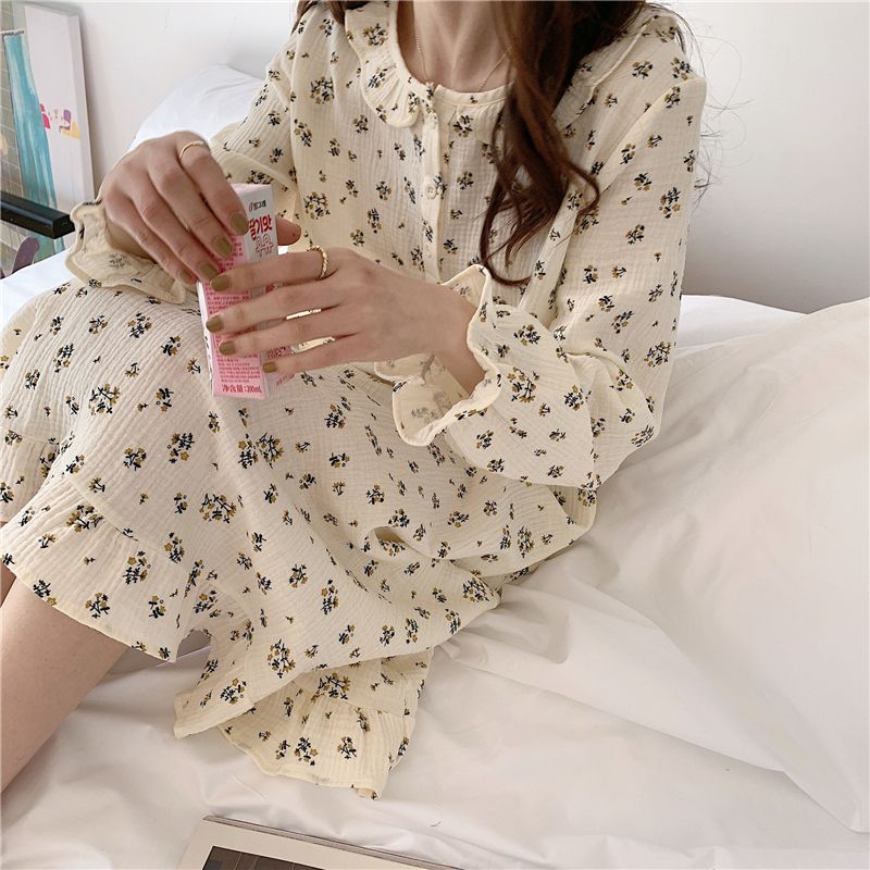Hepburn style new pajama skirt long-sleeved loose baby cotton mid-length nightdress cute over-the-knee long skirt