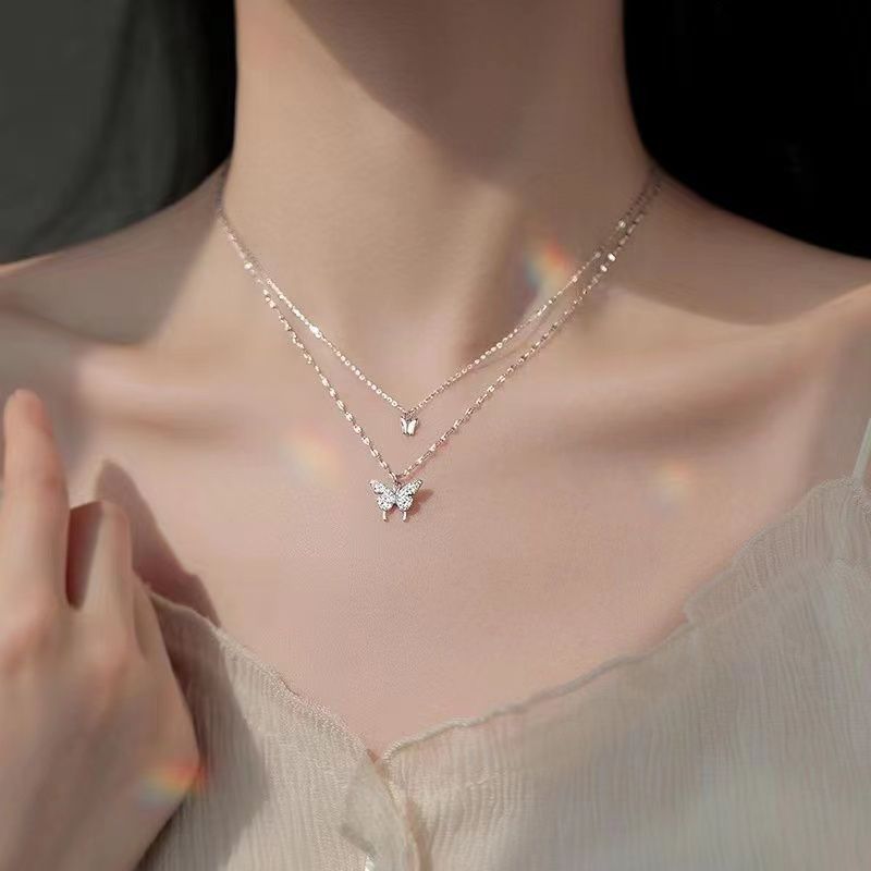 S925银双层蝴蝶项链女锁骨链气质轻奢小众高级设计感夏季饰品颈链