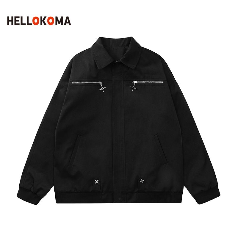 HK spring jacket female metal buckle zipper design jacket retro lapel high street pilot couple male ins