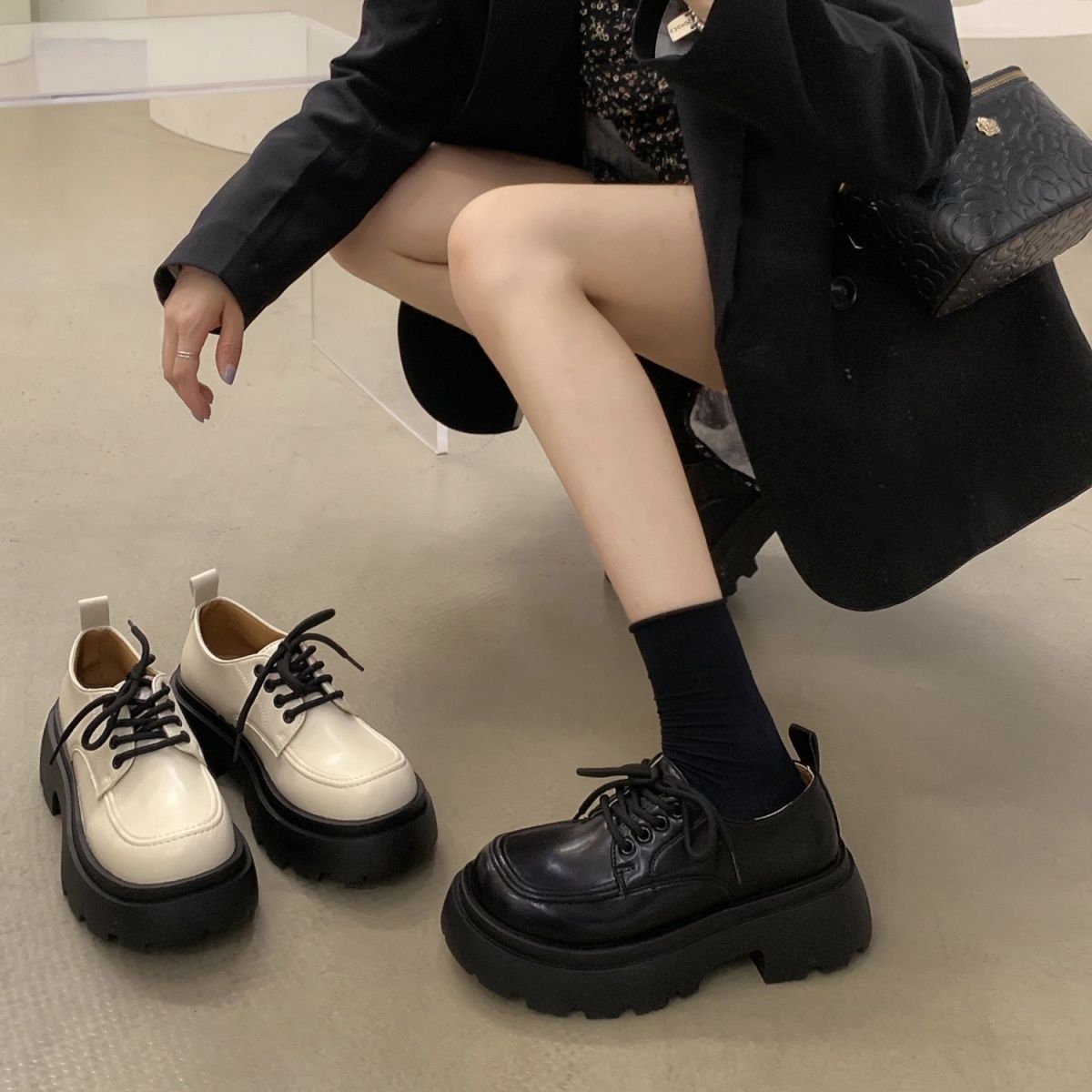 Spring and Autumn Student Soft-soled Small Leather Shoes Women's British Style  New Loafers Black Lace-up Thick-soled Shoes