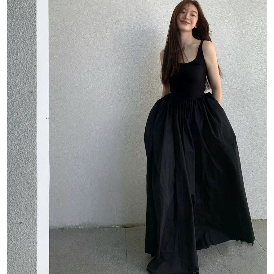 Autumn suspender dress women's high-end sense of giant slim mid-length skirt black banquet dress mopping skirt inner skirt