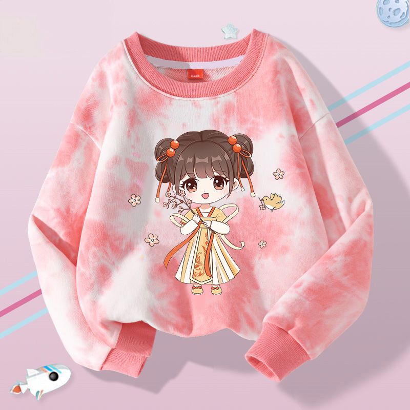 Girls sweatshirt tie-dye spring clothing  new children's versatile round neck tops spring and autumn children's clothing medium and large children's clothing