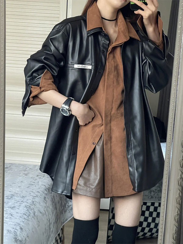 Suit women's 2023 autumn new style Yujie mid-length leather jacket + loose shirt + all-match shorts three-piece set