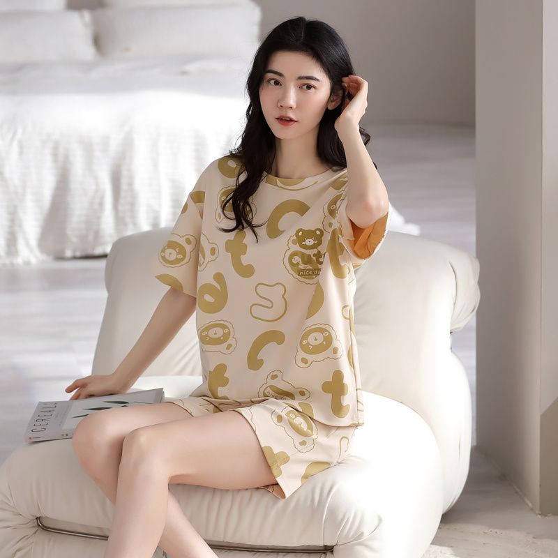 Geqianya 100% cotton pajamas women's summer summer thin shorts short-sleeved two-piece suit cartoon home service