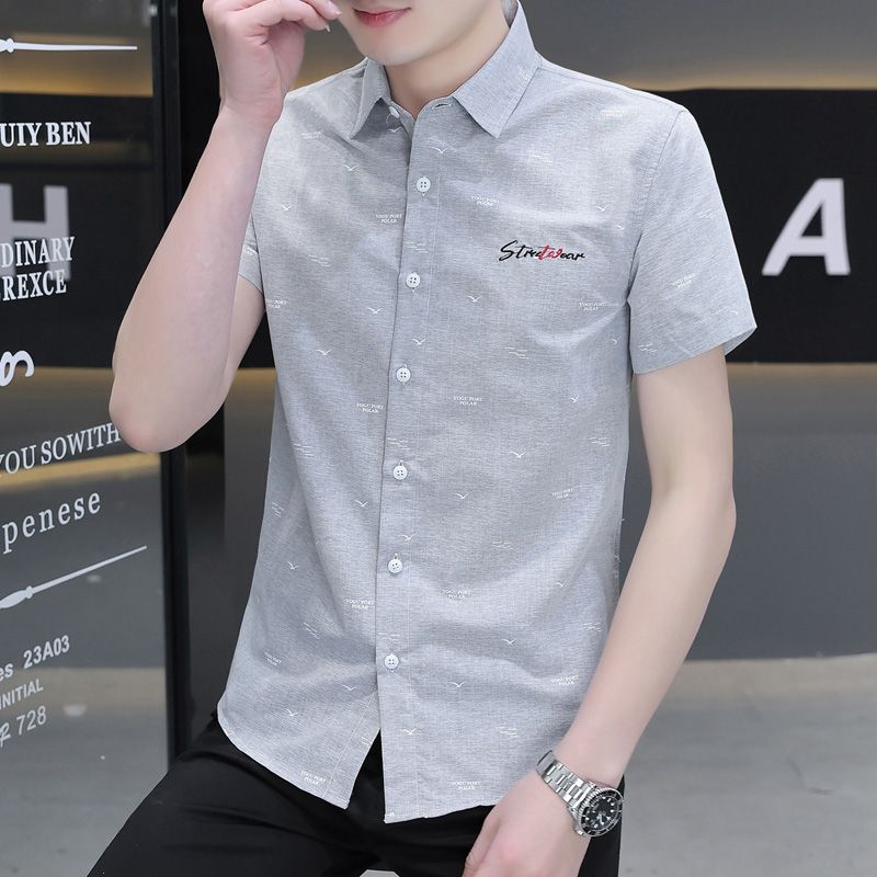2023 summer short-sleeved shirt men's Korean style trendy handsome shirt non-ironing anti-wrinkle pointed collar shirt summer half-sleeve