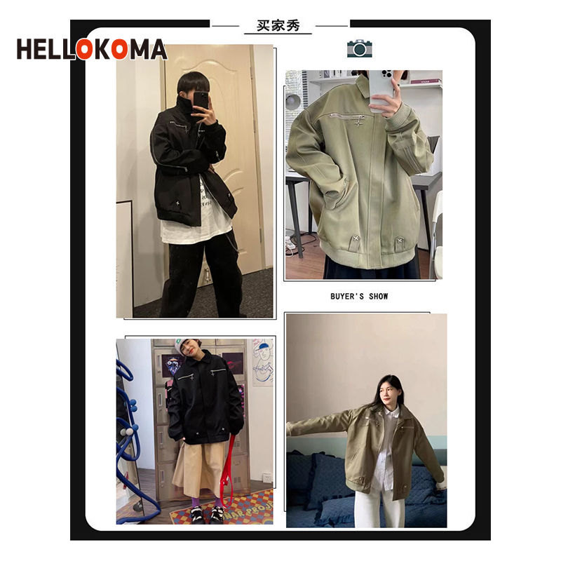 HK niche metal buckle zipper design ruffian handsome jacket female high-end sense lapel lazy style loose couple jacket male