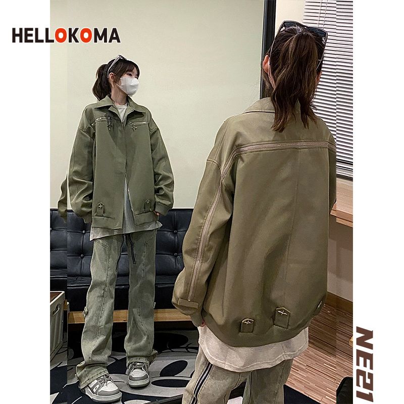 HK spring jacket female metal buckle zipper design jacket retro lapel high street pilot couple male ins