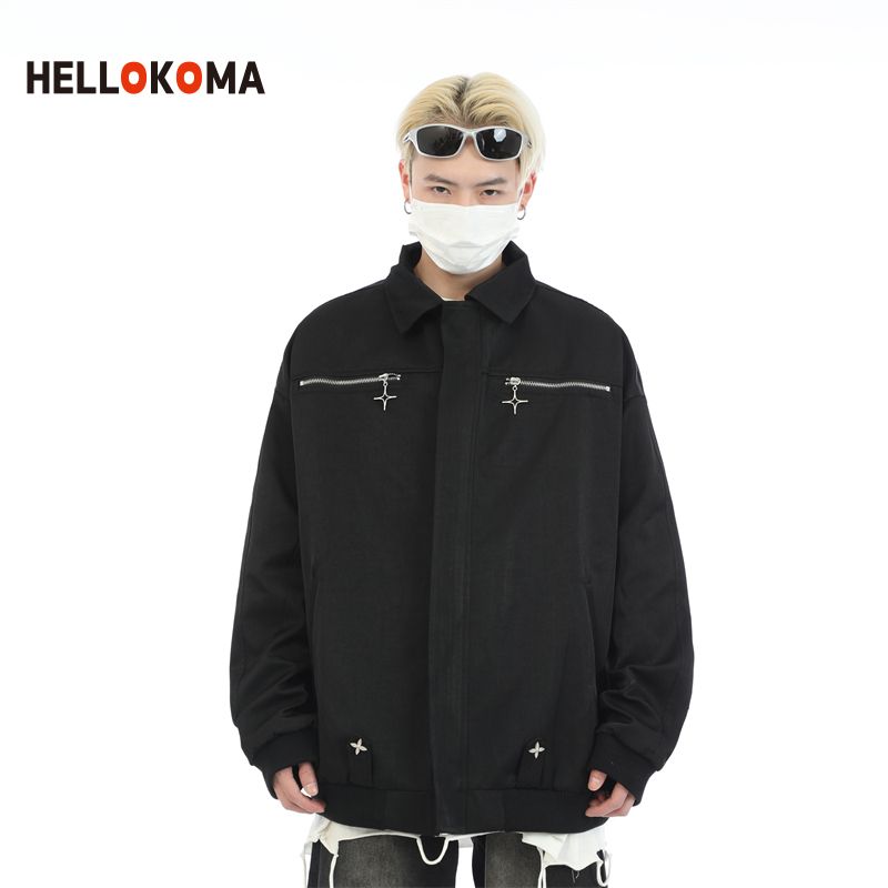 HK men's jacket spring and autumn style Japanese retro niche design zipper lapel loose trendy jacket female ins
