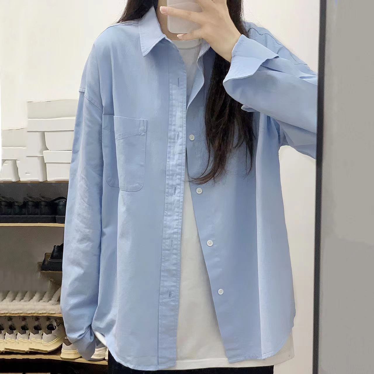 重磅純棉藍色襯衫女長袖上衣春季寬鬆休閒高級感翻領打底純色襯衣