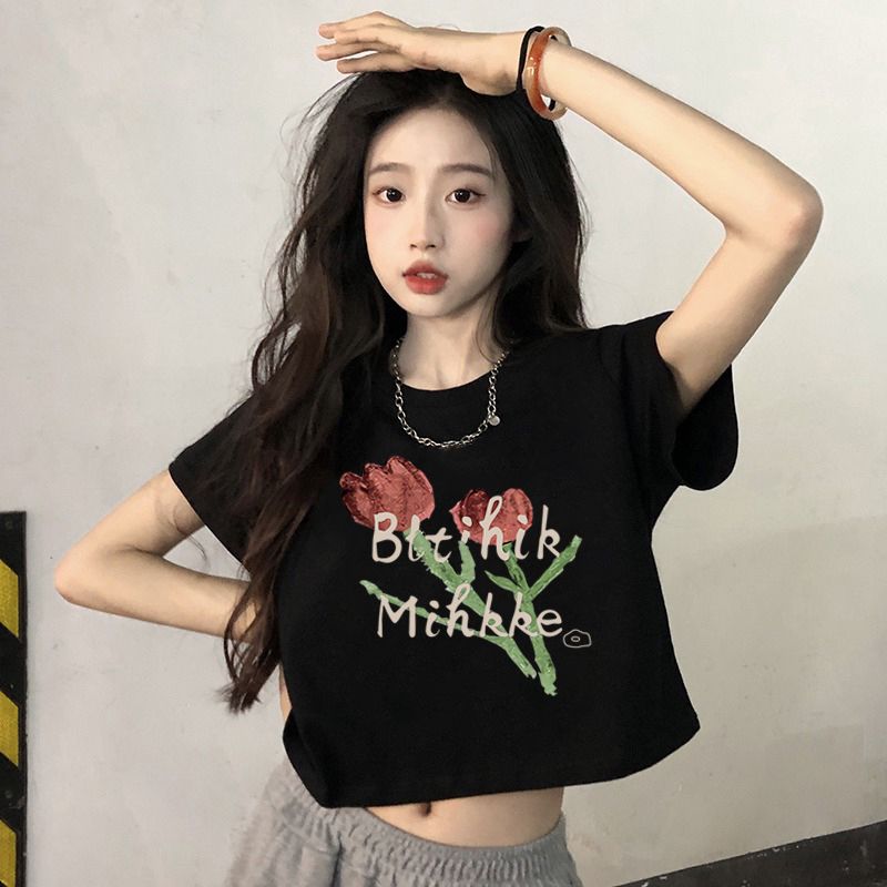 純棉短款短袖t恤女夏季新款寬鬆內搭百搭bm風高腰露肚臍ins上衣服