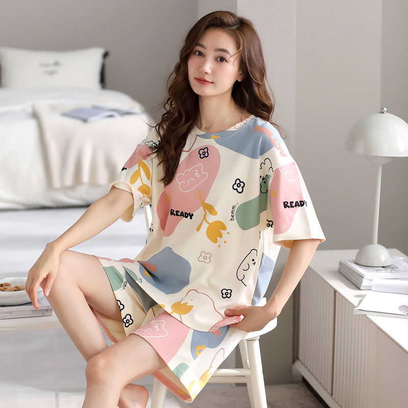 Geqianya 100% cotton pajamas women's summer summer thin shorts short-sleeved two-piece suit cartoon home service