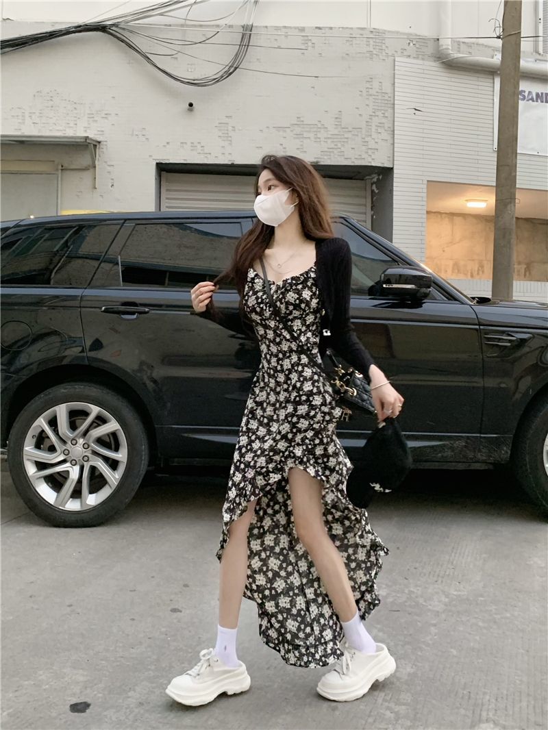 Dress female  summer new French Korean version irregular high slit waist small fragrant wind floral suspender skirt