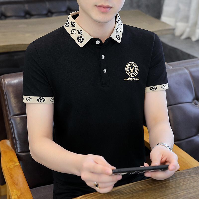 夏季新款短袖男士百搭POLO衫潮流青年加大碼修身體恤翻領刺繡T恤