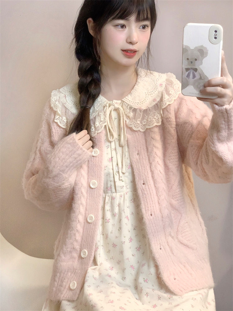 Japanese Sweet Round Neck Sweater Jacket Girls Knitted Cardigan + Doll Collar Floral Dress Two-Piece Suit