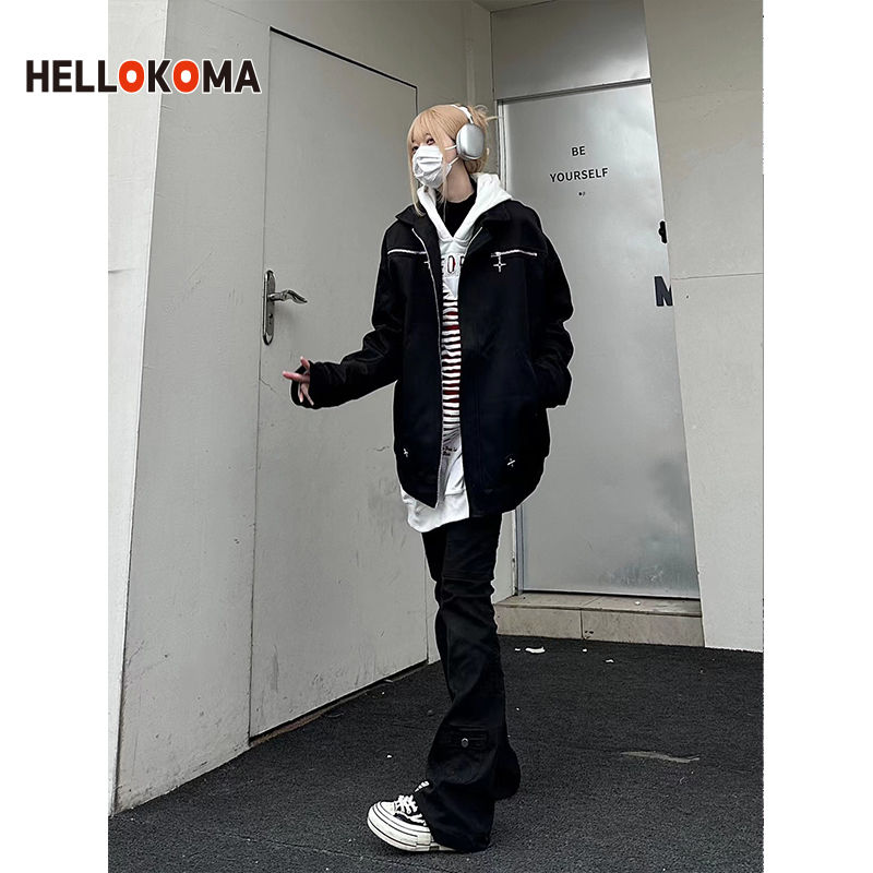 HK niche metal buckle zipper design ruffian handsome jacket female high-end sense lapel lazy style loose couple jacket male