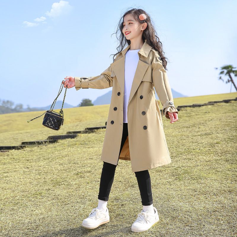 女童時髦春裝外套2023新款中大童洋氣時髦中長款兒童風衣女孩衣服
