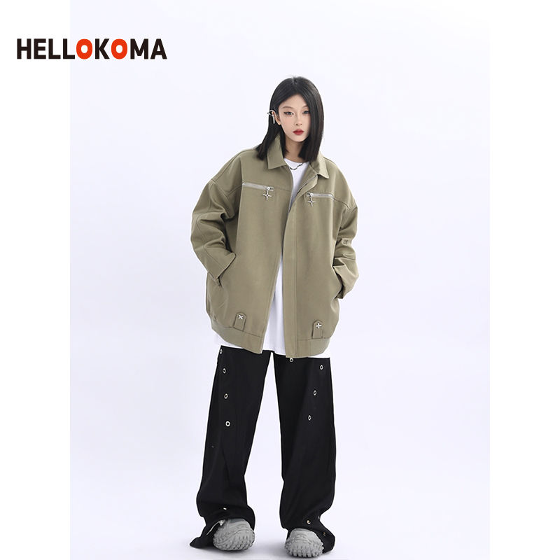 HK jacket female 2023 spring new trendy brand solid color jacket retro lapel high street pilot couple male ins
