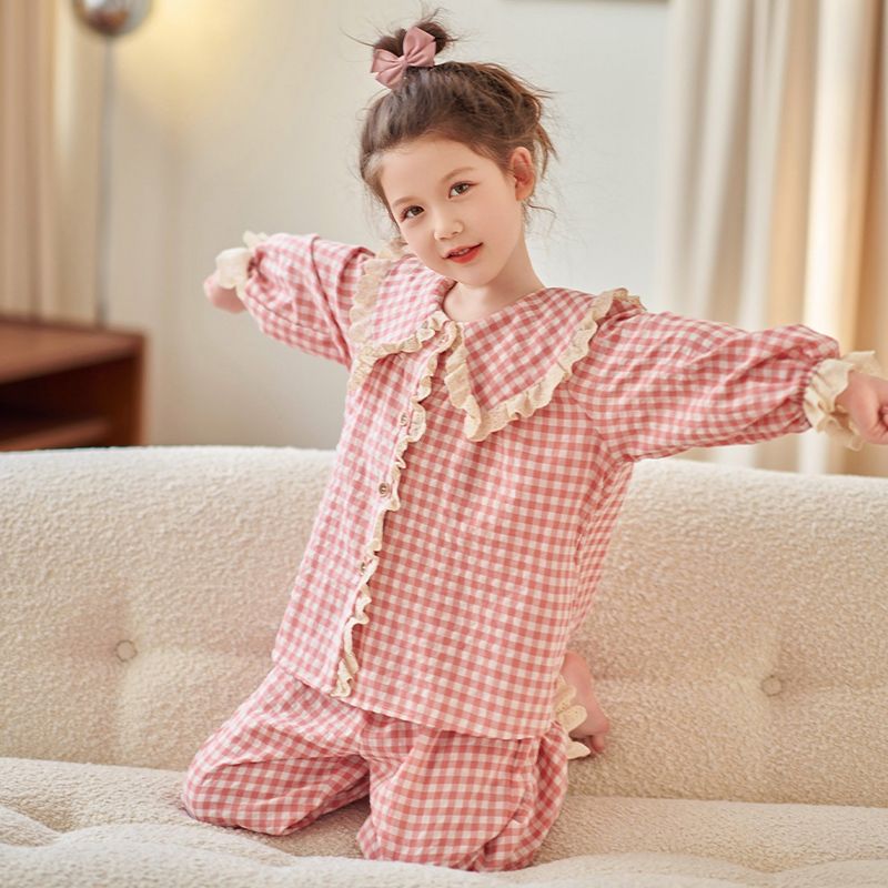 格子纯棉睡衣女童春秋款小女孩家居服长袖套装2023新款两件套网红