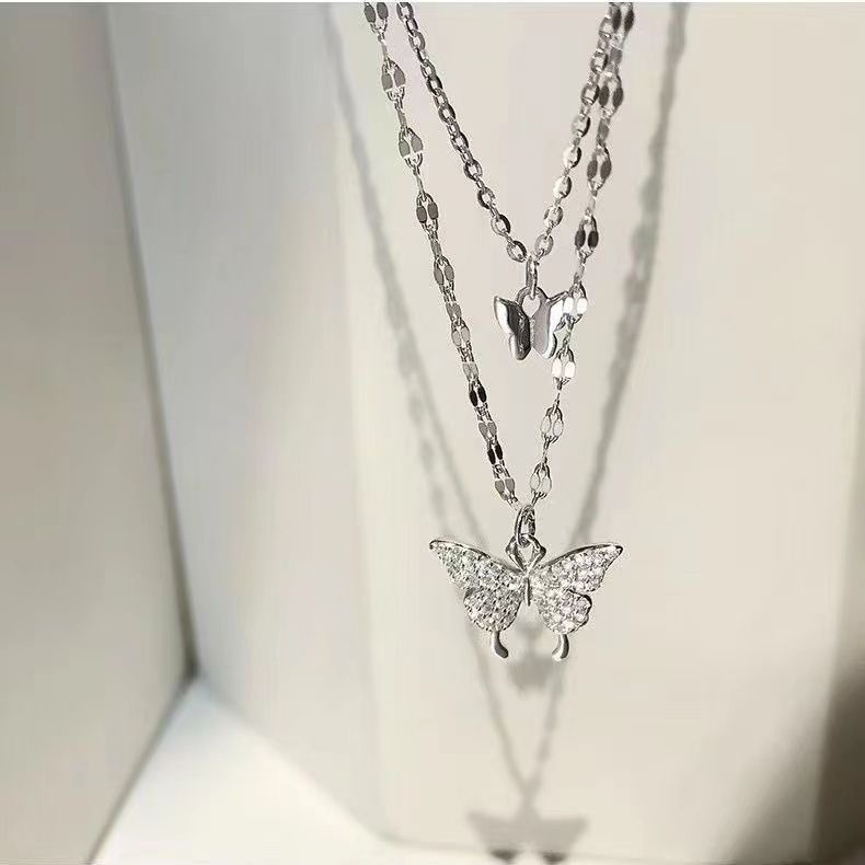 S925银双层蝴蝶项链女锁骨链气质轻奢小众高级设计感夏季饰品颈链