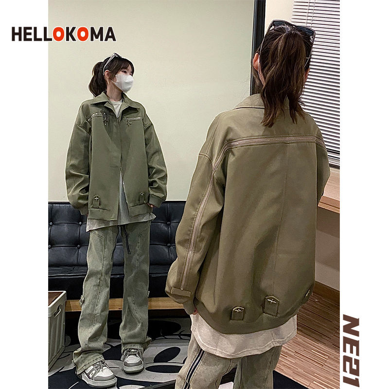 HK spring jacket female metal buckle zipper design jacket retro lapel high street pilot couple male ins