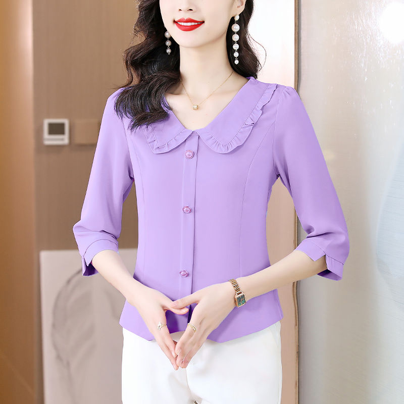小個子媽媽裝七分袖雪紡衫女2023春夏季新款百搭修身顯瘦洋氣小衫