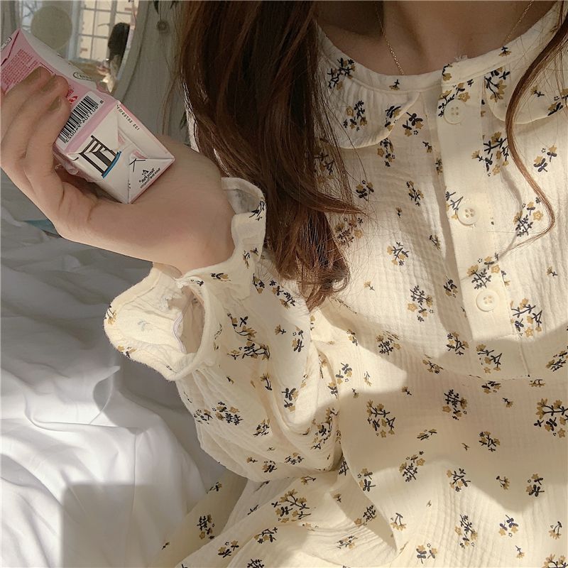 Hepburn style new pajama skirt long-sleeved loose baby cotton mid-length nightdress cute over-the-knee long skirt