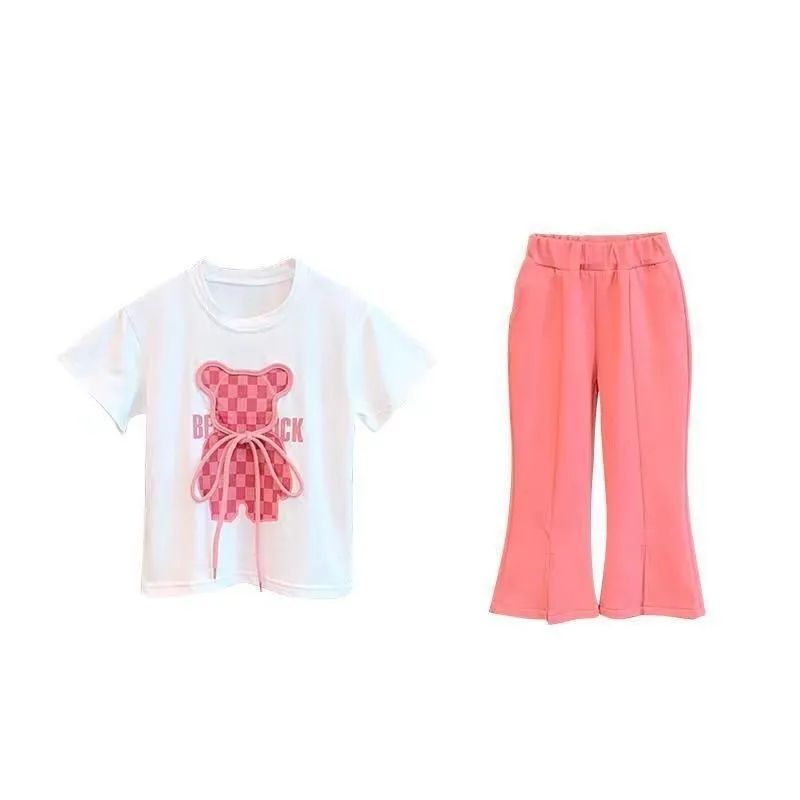 木木屋女童网红套装新款夏季卡通t恤宝宝洋气喇叭裤短袖两件套女