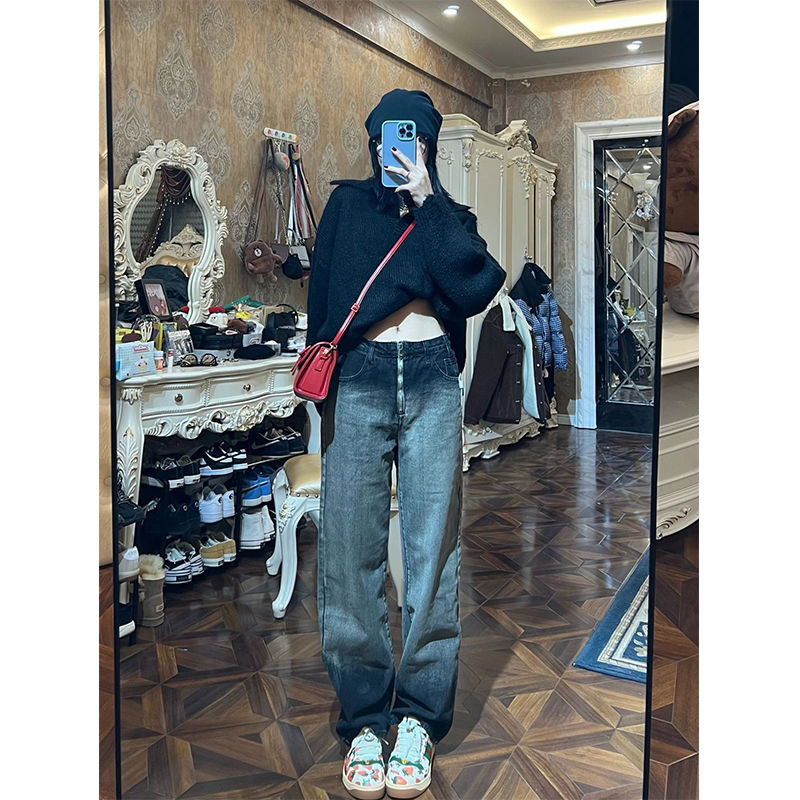復古高腰垂感直筒牛仔褲女高街漸變設計感寬鬆闊腿褲百搭拖地長褲
